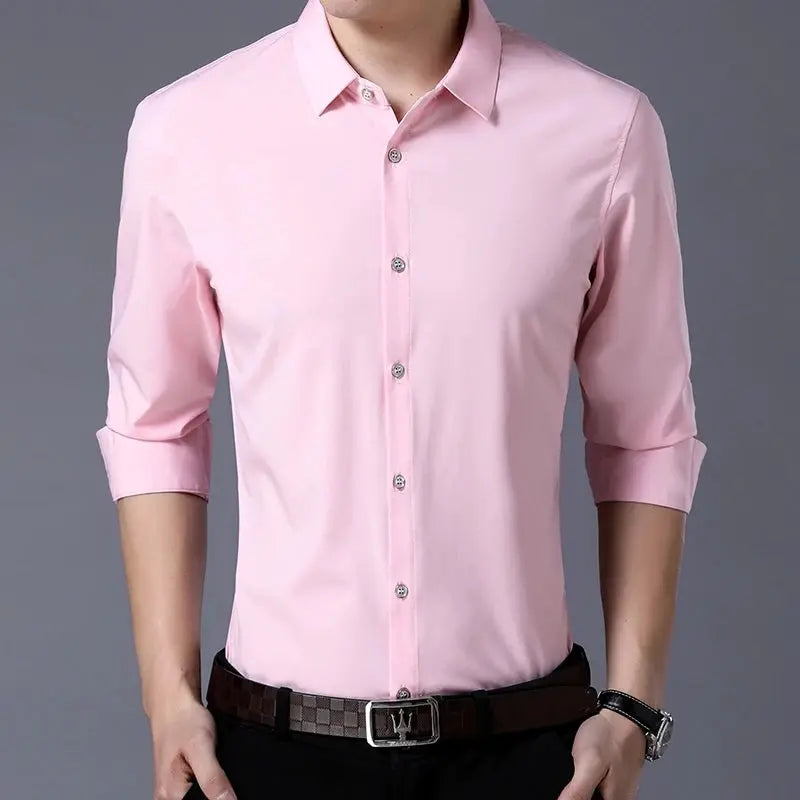 Men's pink solid-color long-sleeve button-down shirt for business casual