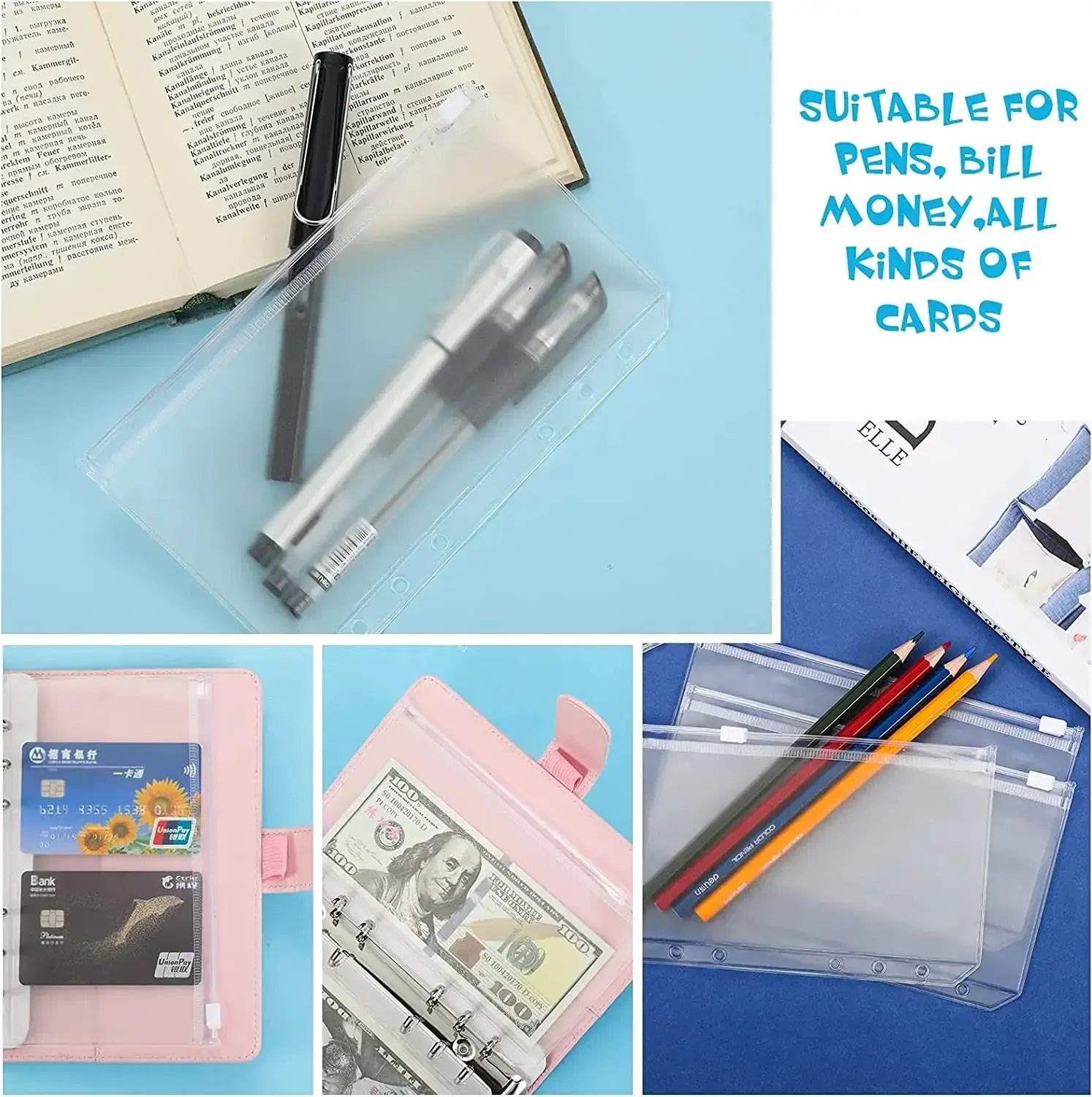 Simples Market clear PVC A6 6-Hole Binder Pockets with zippers for notebooks, cash and cards