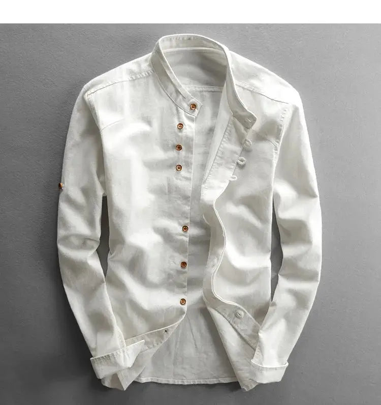 Japan style men's linen-cotton shirt with stand collar, long sleeves, white