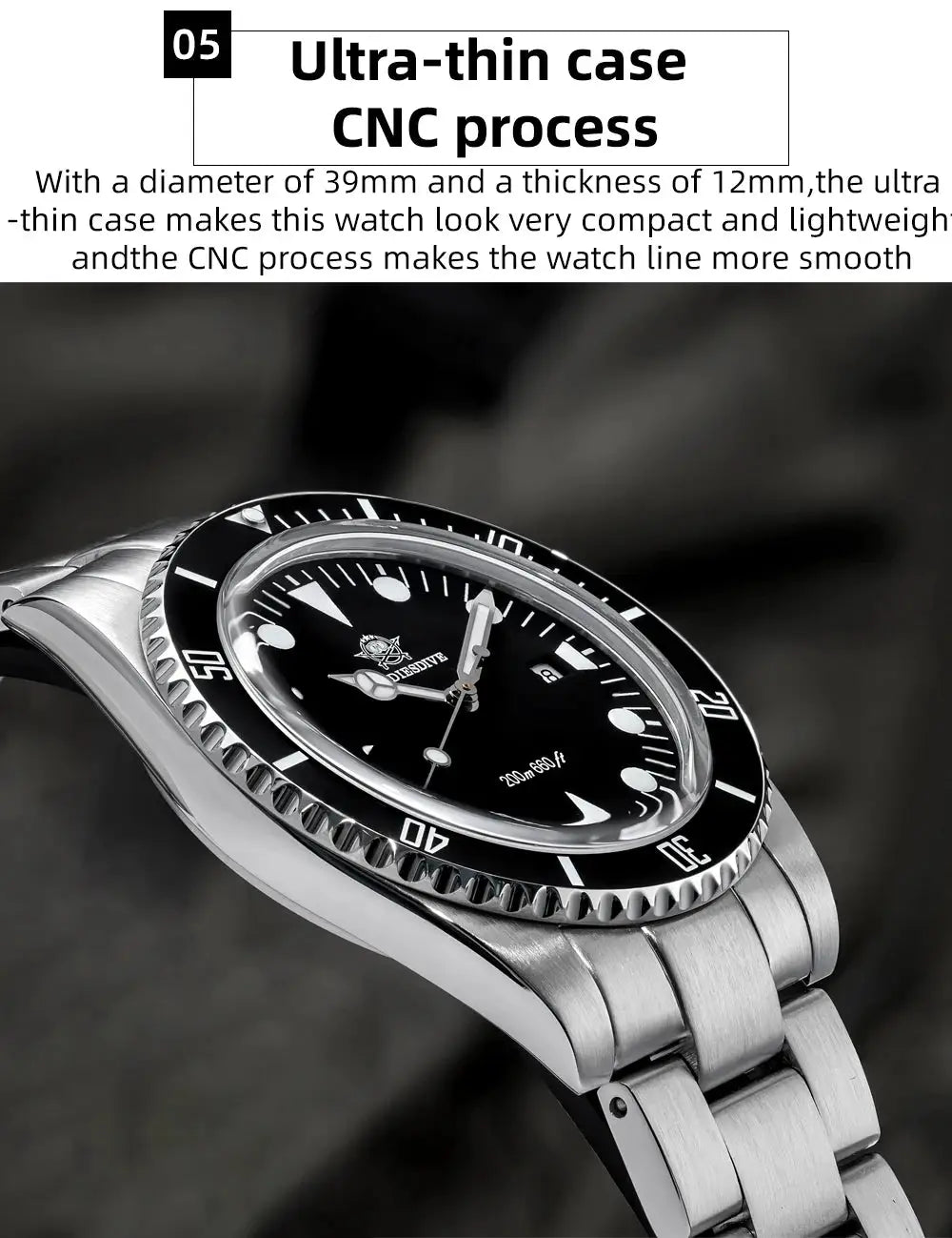 ADDIESDIVE luxury men's quartz watch with black dial, ceramic bezel, stainless steel bracelet, 200m water resistant