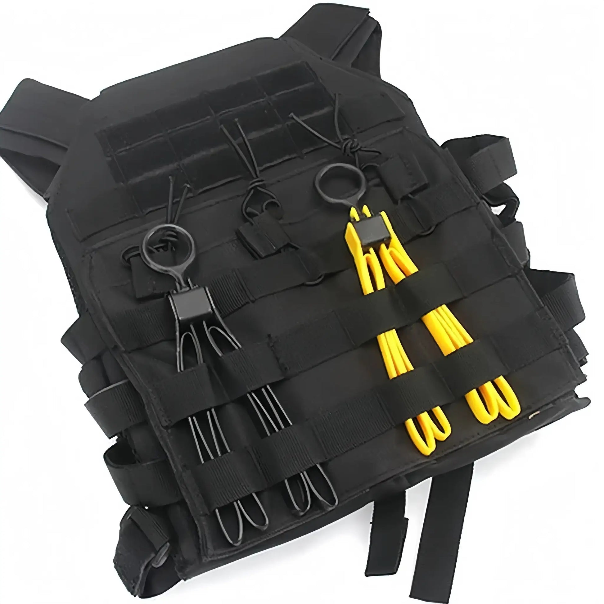 Tactical plastic restraint cable ties on black tactical gear; yellow ties visible, Simples Market