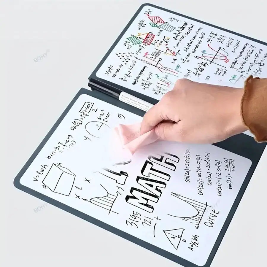 A5 portable reusable whiteboard notebook set by Simples Market, with pen and erasing cloth, leather cover