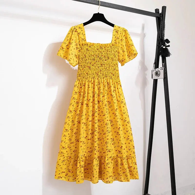 Spring Summer Floral Chiffon Midi Dress For Women With Elastic Waist Short Sleeves Backless Casual Printed