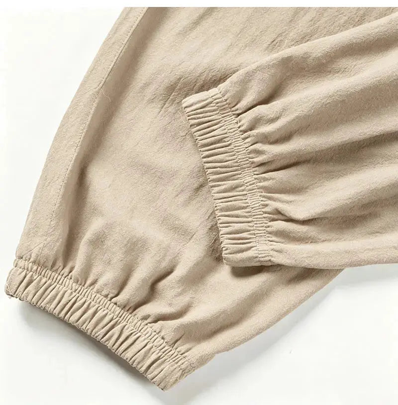 Beige men's cargo jogger pants, cotton-linen blend, with elastic ankle cuffs