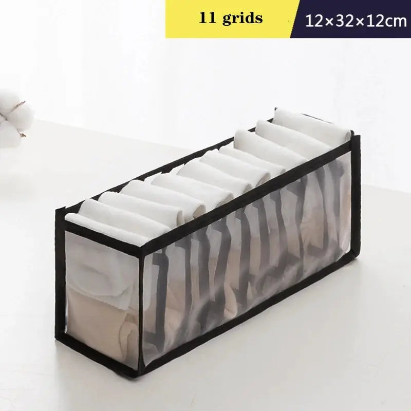 Simples Market 11-grid underwear and sock organizer box, black frame with clear mesh, 12x32x12cm