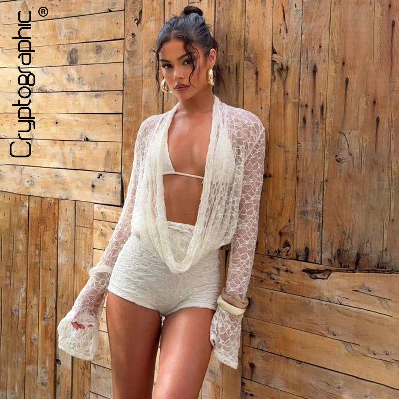 Cryptographic Fashion 3 Piece Beachwear Set Halter Top Lace Up Shorts