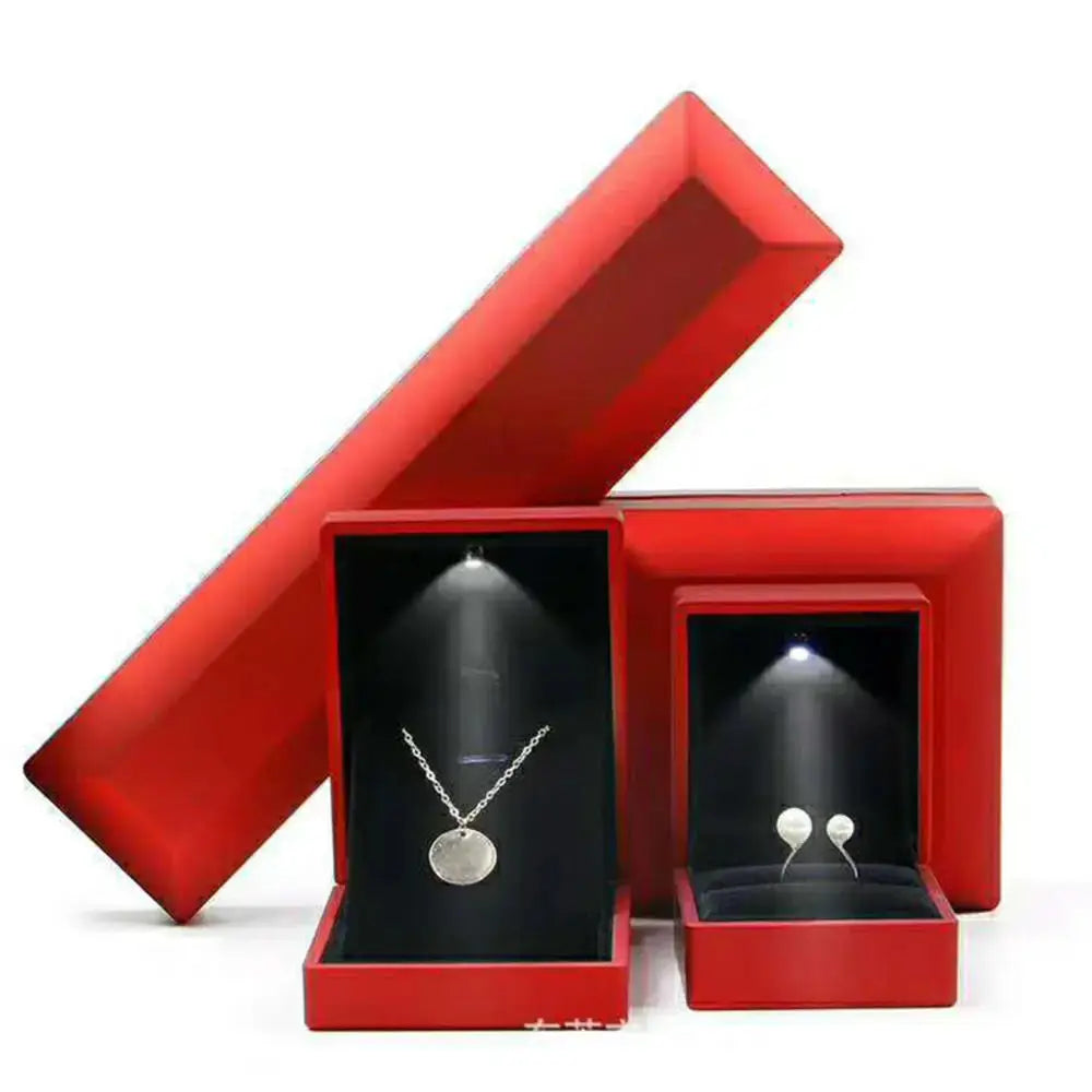 LED Jewelry Ring Box With Light Leather Exterior And Velvet Interior For Proposal Engagement Wedding Gift