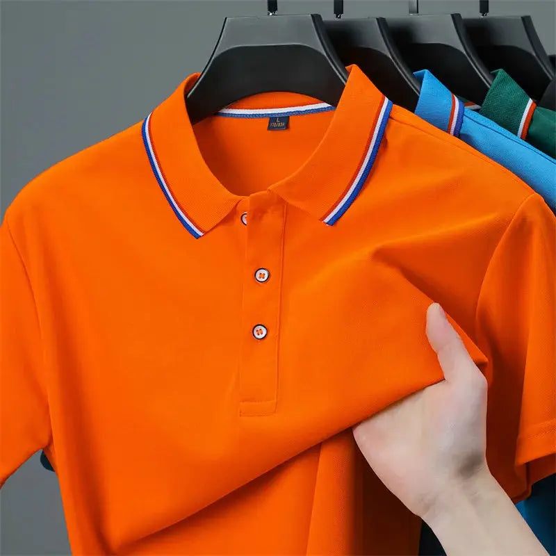 Men's polo shirt orange; Simples Market solid color short sleeve with blue-striped collar and three-button placket