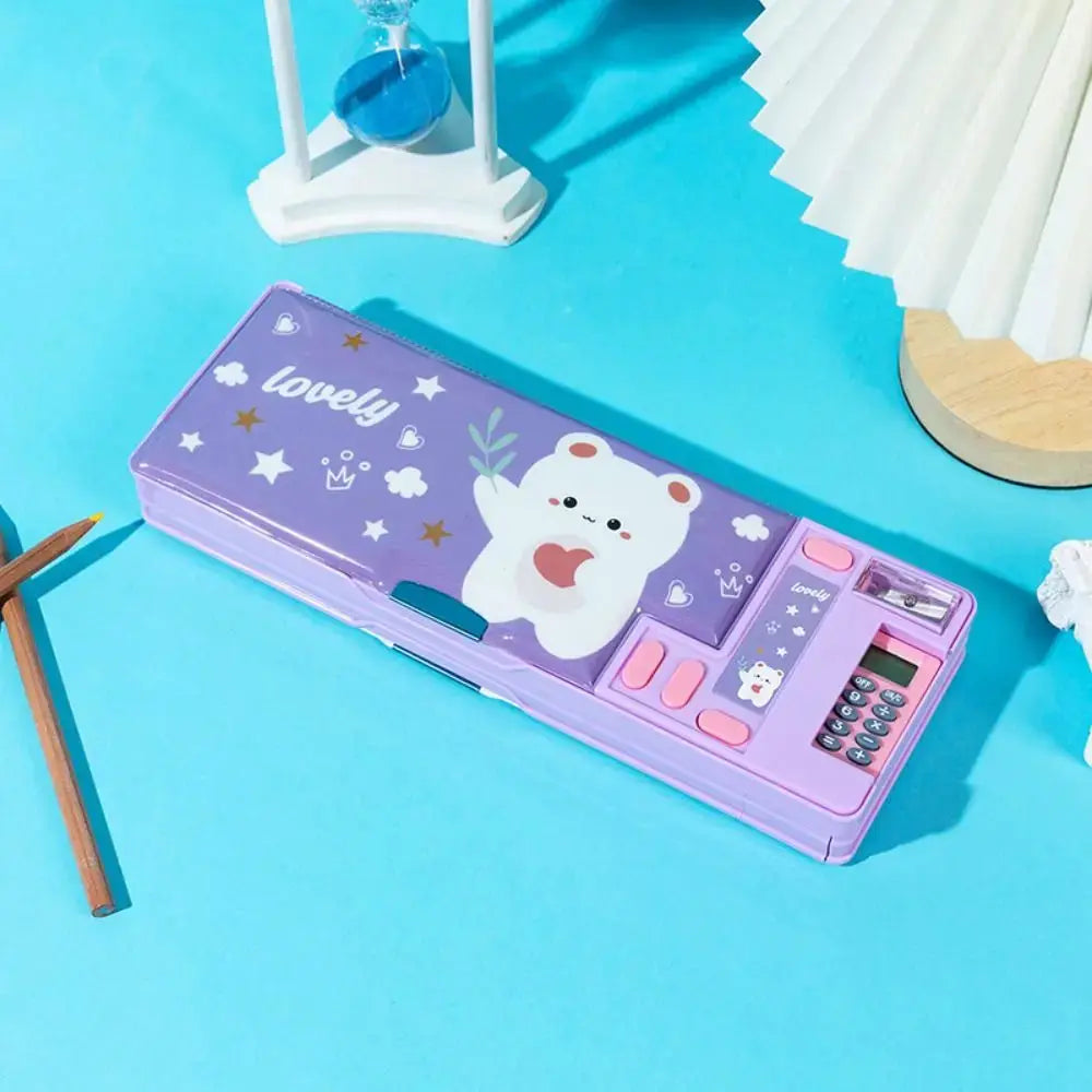 Simples Market double-layer pencil case with calculator, purple plastic case featuring a white bear design and pink accents