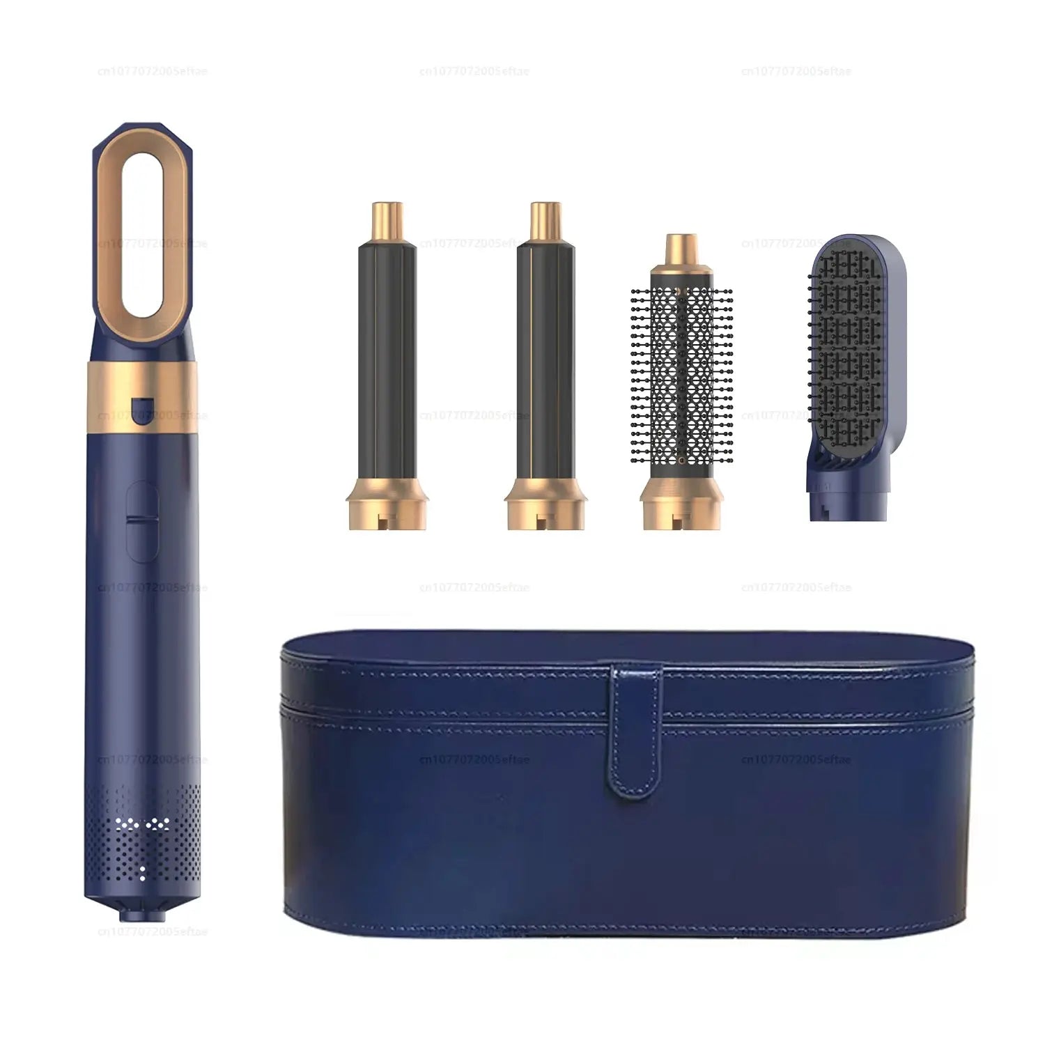 Simples Market 5-in-1 hair styler set in navy with copper accents; includes 4 attachments and blue carry case.