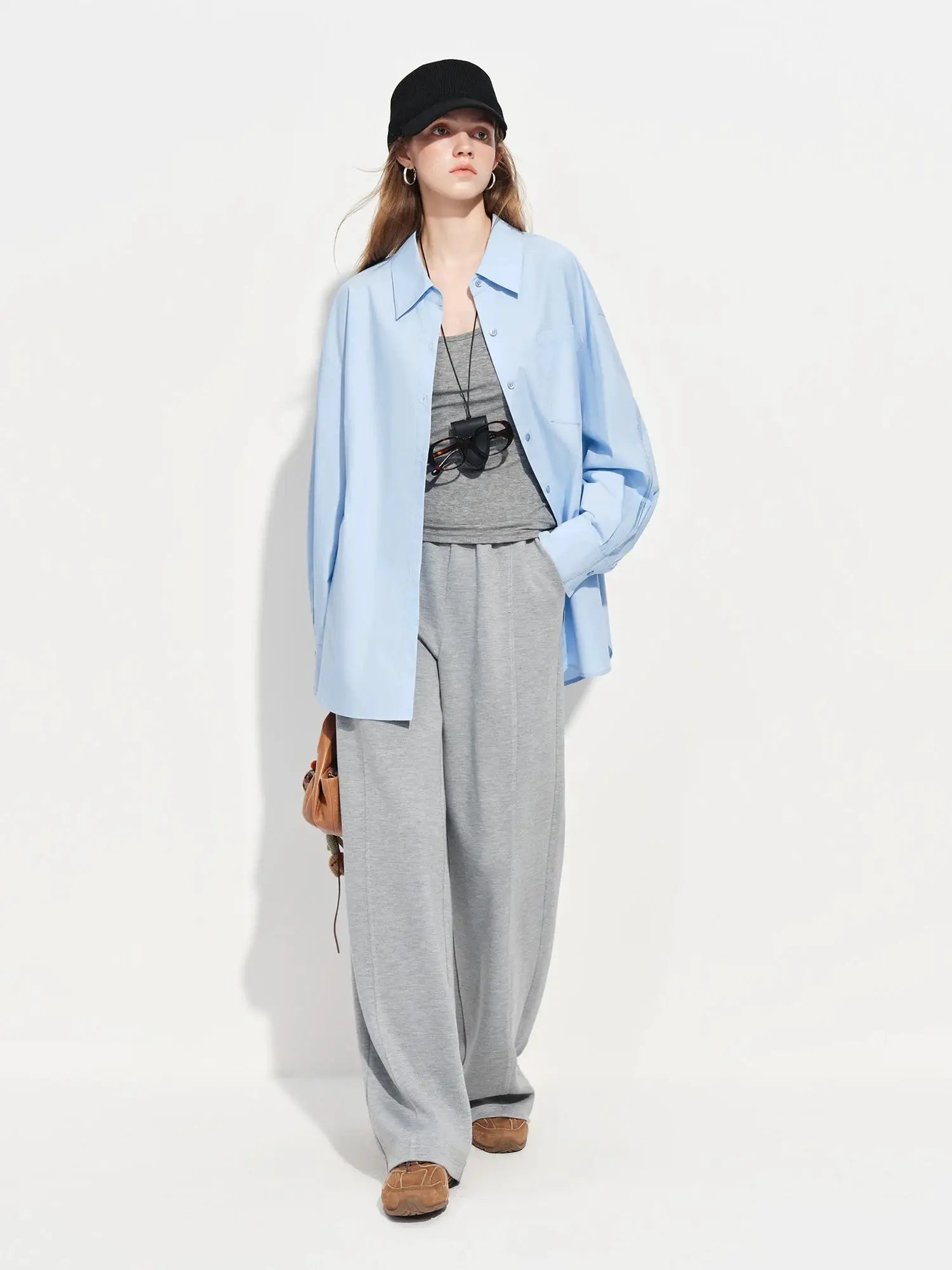 FSLE Premium Series women's light-blue cotton shirt by Simples Market, oversized long-sleeve layering top.