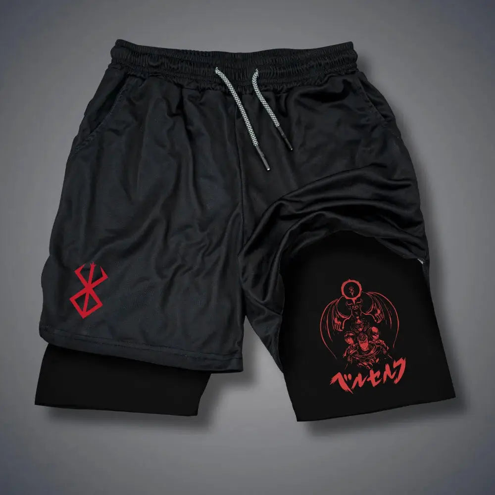 Simples Market 2-in-1 men's compression shorts, black quick-dry with phone pocket and red graphic art.