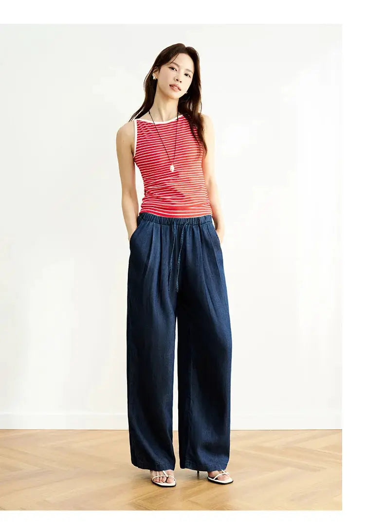 Semir Elastic Waist Denim Pants Women Draped Fit Wide Leg Trousers