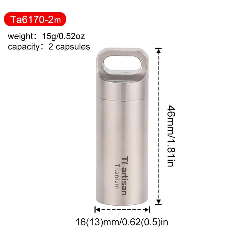 Tiartisan Titanium mini pill bottle by Simples Market; waterproof, compact EDC pill box, 46mm tall, holds 2 capsules.