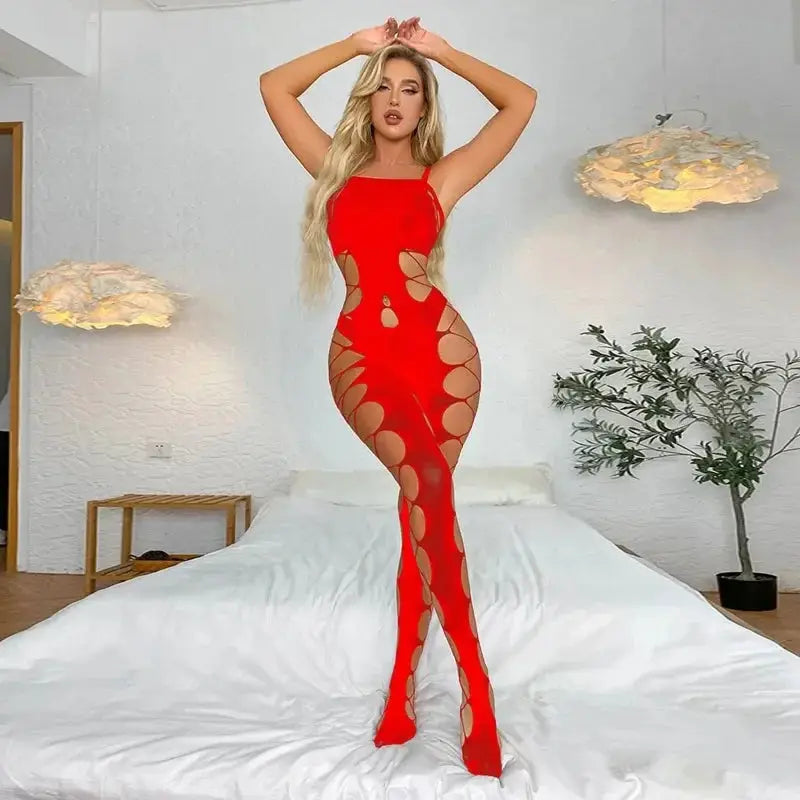 AllureLingerie Velvet Bodysuit Stocking Set Sheer Plus Size Crotchless Nightwear
