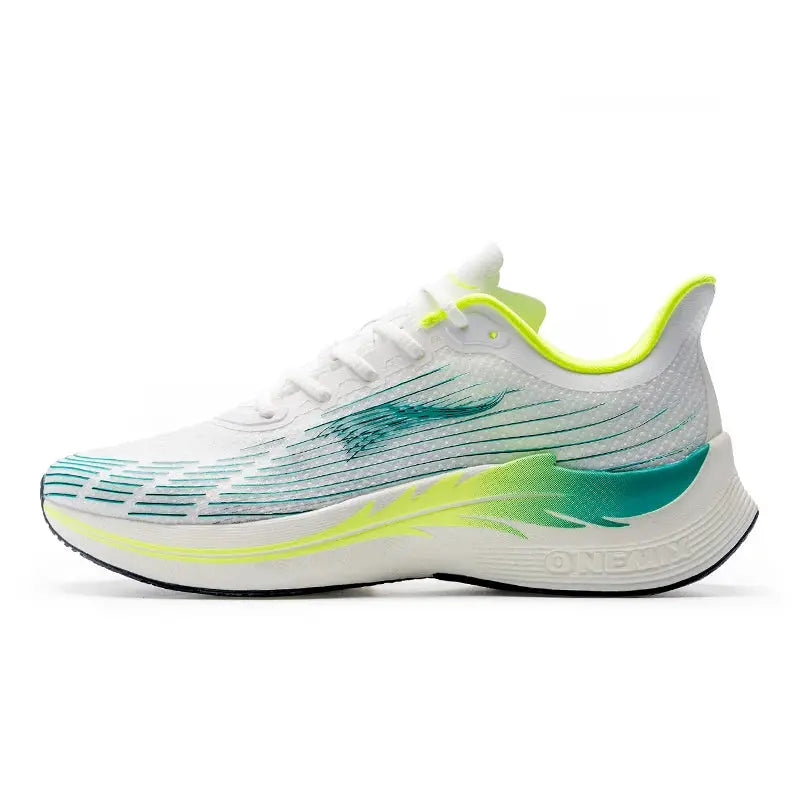 Onemix running shoe, white with neon lime and teal accents, breathable lightweight lace-up athletic sneaker