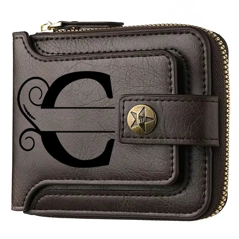 Brown PU leather wallet with zip-around closure and front strap featuring a decorative monogram C.