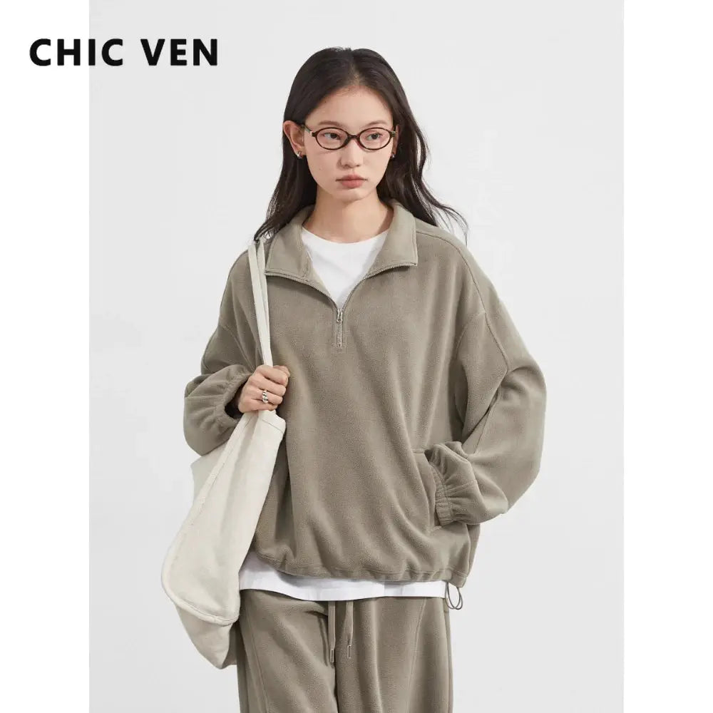CHIC VEN Women's Velvet Sweatsuit Set Stand Collar Top Wide Leg Pants