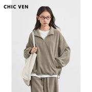 CHIC VEN Women's Velvet Sweatsuit Set Stand Collar Top Wide Leg Pants