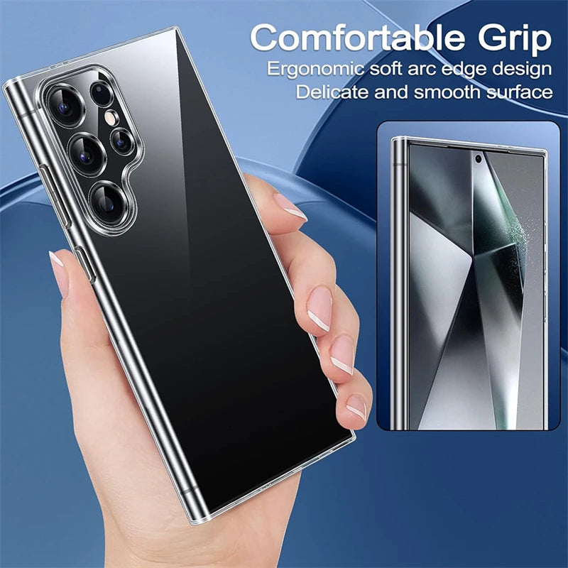 Clear Samsung Galaxy phone case for S20–S26 series; transparent back with ergonomic edge grip