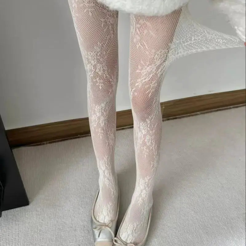 Lolita Sweet Floral Punk Style Colorful Thigh High Tights Hollow Out Mesh Fishnet Design For Women