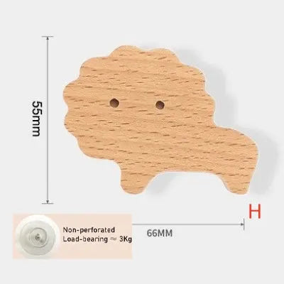 Cloud-shaped wooden animal wall hook for children; natural light wood finish with two mounting holes.