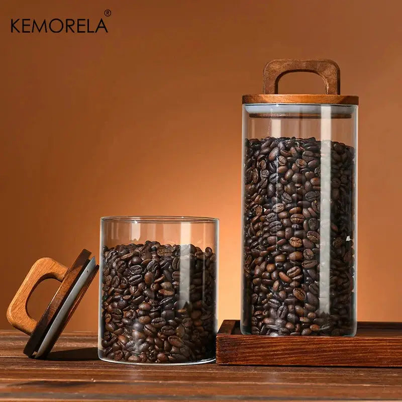 Wood Lid Glass Jar Airtight Canister For Tea Coffee Beans Grounds Candy Kitchen Storage Sealed Jar