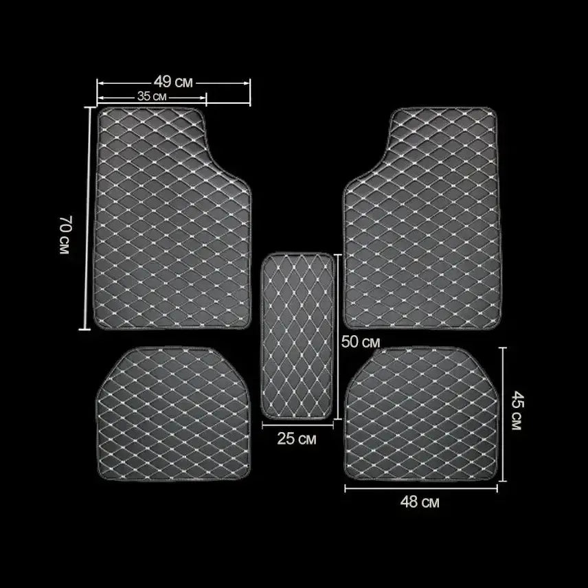 Car floor mats 5-piece set in black quilted PU leather, waterproof; front, rear, and center mats