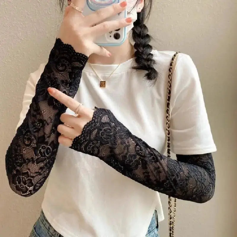 AuroraSilk Women Summer Ice Silk Lace Arm Sleeves Breathable Fingerless Driving Gloves With Sun Protection