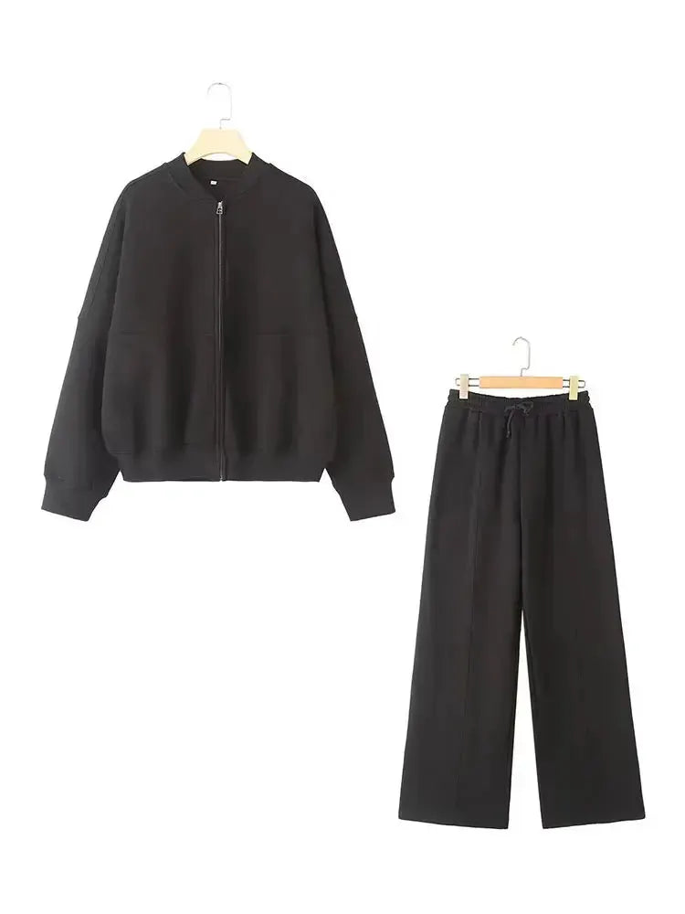 HH Womens Fall Retro Zip Bomber Jacket 2 Piece Set With High Waist Lace Up Wide Leg Pants Streetwear