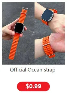 Orange silicone magnetic strap for Apple Watch, 40–49mm sizes, shown on wrist and laid flat.
