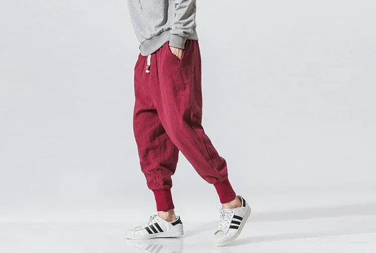 Men's Simples Market cotton-linen harem pants in burgundy drop-crotch joggers with cuffed ankles