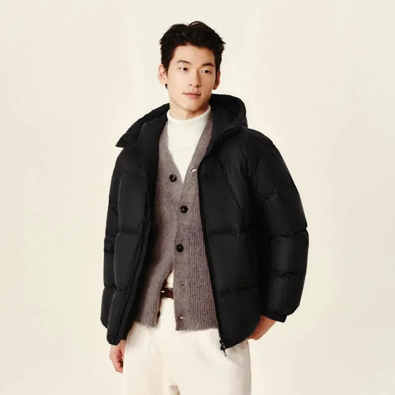 Semir men's black down jacket with hood, quilted puffer outerwear.