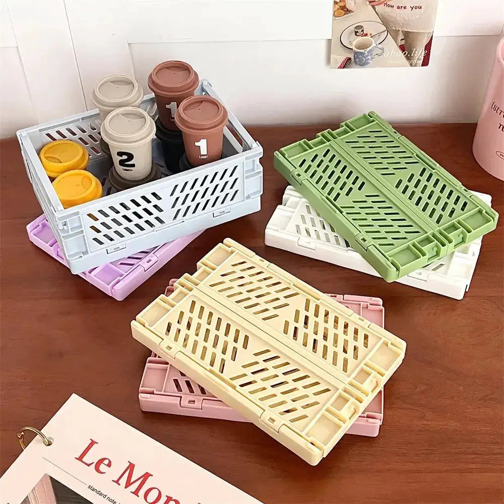 Six-piece set of foldable plastic storage baskets in pastel colors for desk organization