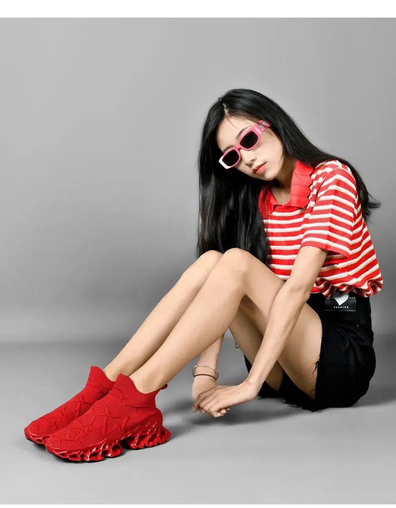 Red knit sock sneakers by Simples Market; breathable casual trainers
