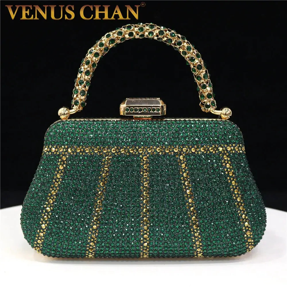 Green rhinestone evening clutch by Venus Chan with gold-tone handle and diamond design