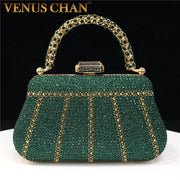 Green rhinestone evening clutch by Venus Chan with gold-tone handle and diamond design