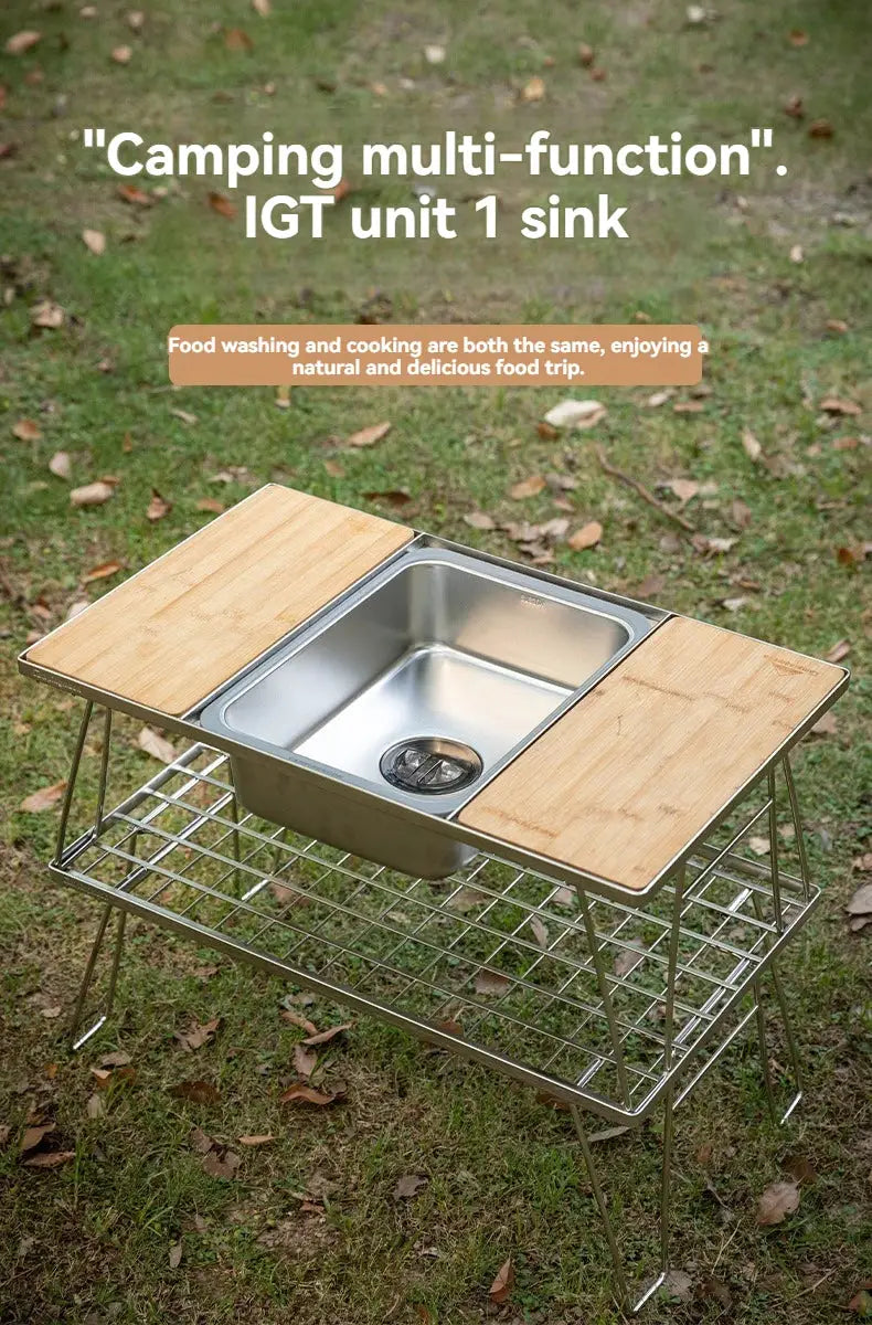 CAMPINGMOON IGT One Unit Sink, 304 stainless steel camping sink with wooden side panels on a metal frame table