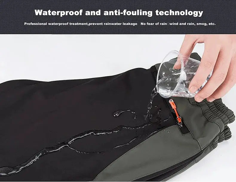 Simples Market men's waterproof soft-shell hiking pants in black and gray with orange zipper