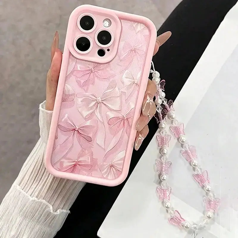 Pink Bow Silicone Case With Butterfly Charm For iPhone 7 Through 16 Pro Max Anti Fingerprint Scratch Resistant