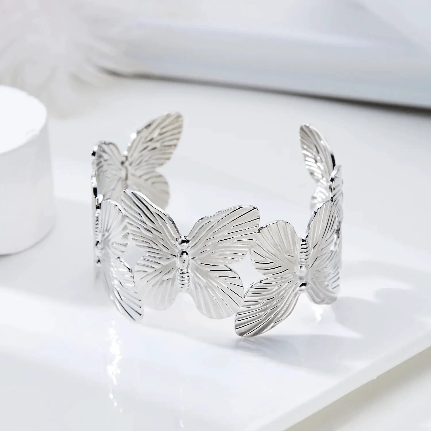 Stainless Steel Hollow Flower Butterfly Cuff Bracelet Gold Plated Adjustable Open Wide For Women Jewelry