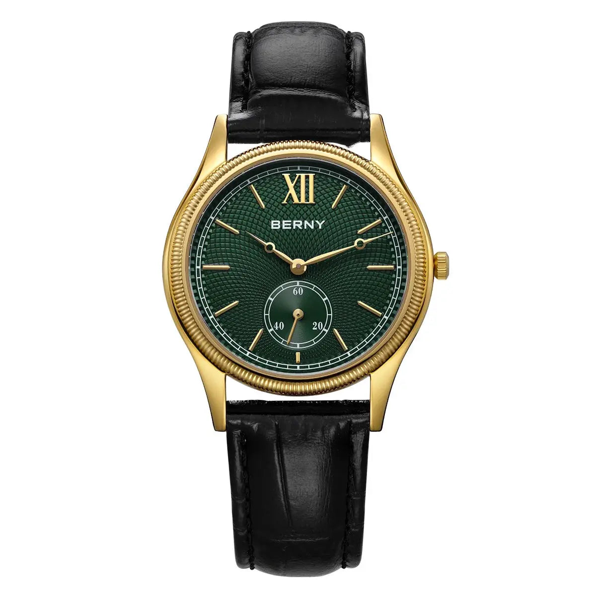 BERNY luxury men's watch with gold-tone case, green textured dial, black leather strap