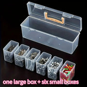 Professional 7-piece tool organizer set: one large transparent storage case with six small boxes for screws and hardware