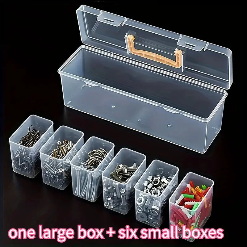 Professional 7-piece tool organizer set: one large transparent storage case with six small boxes for screws and hardware
