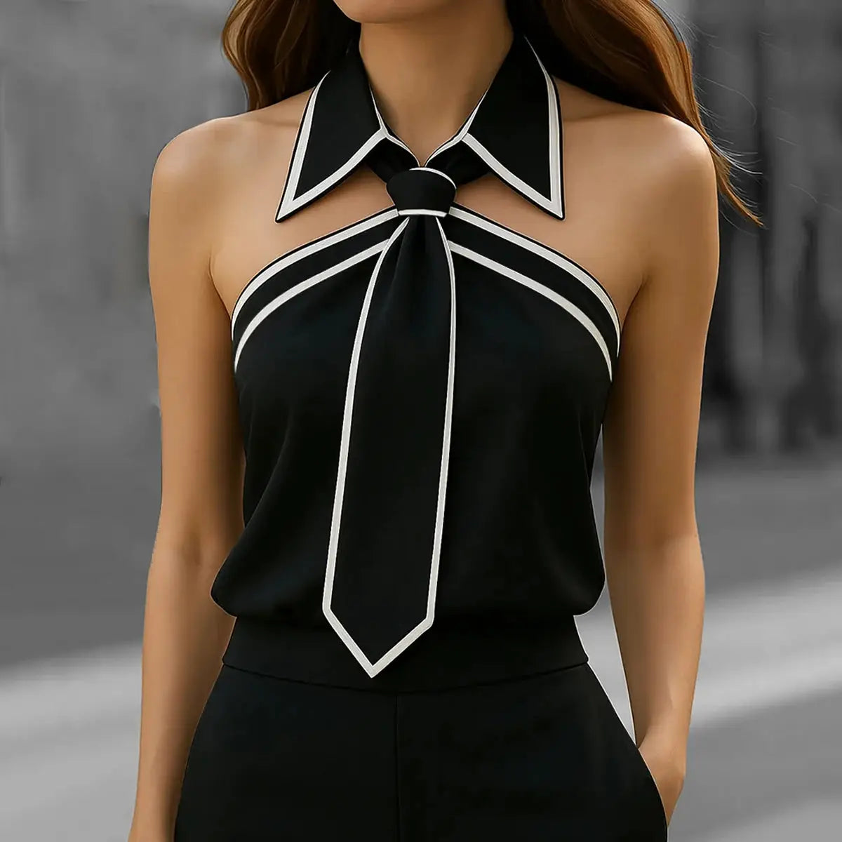 Black sleeveless tie-neck blouse with white piping and lapel-style collar, Simples Market