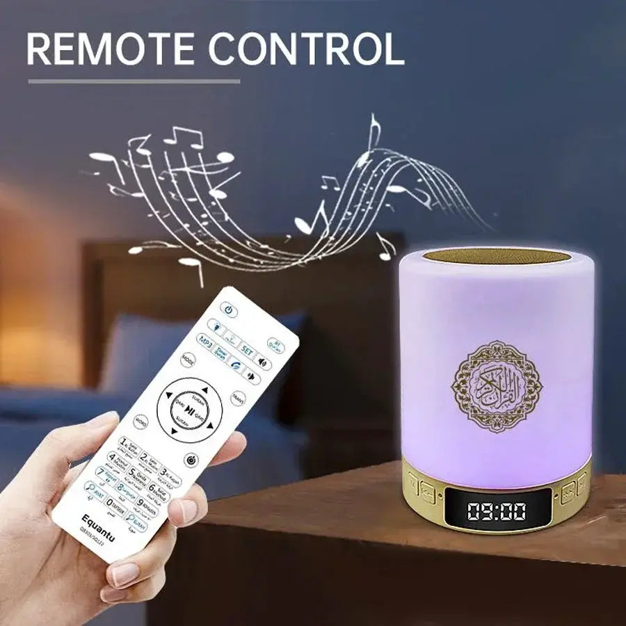 Portable sound machine by Simples Market with LED night light and Bluetooth speaker, purple lamp on gold base