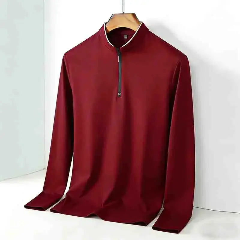 Men's burgundy stand-collar half-zip long-sleeve pullover shirt, casual slim-fit top