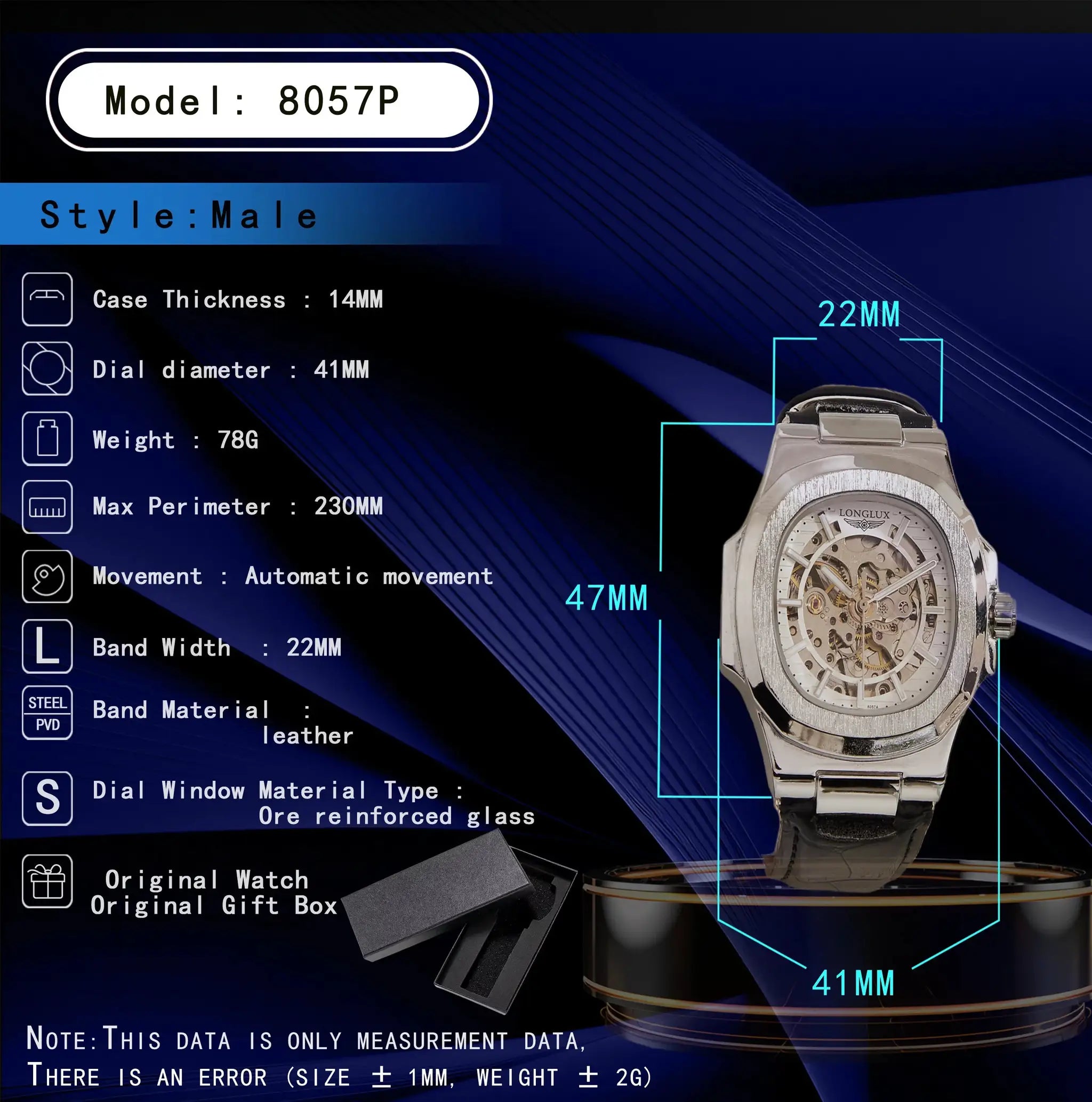 Men's automatic skeleton watch with silver-tone case and leather strap.