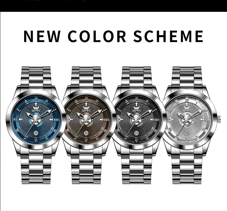 Men's stainless steel watch by Simples Market, OPK 6056, four color-dial designs: blue, brown, black, and silver