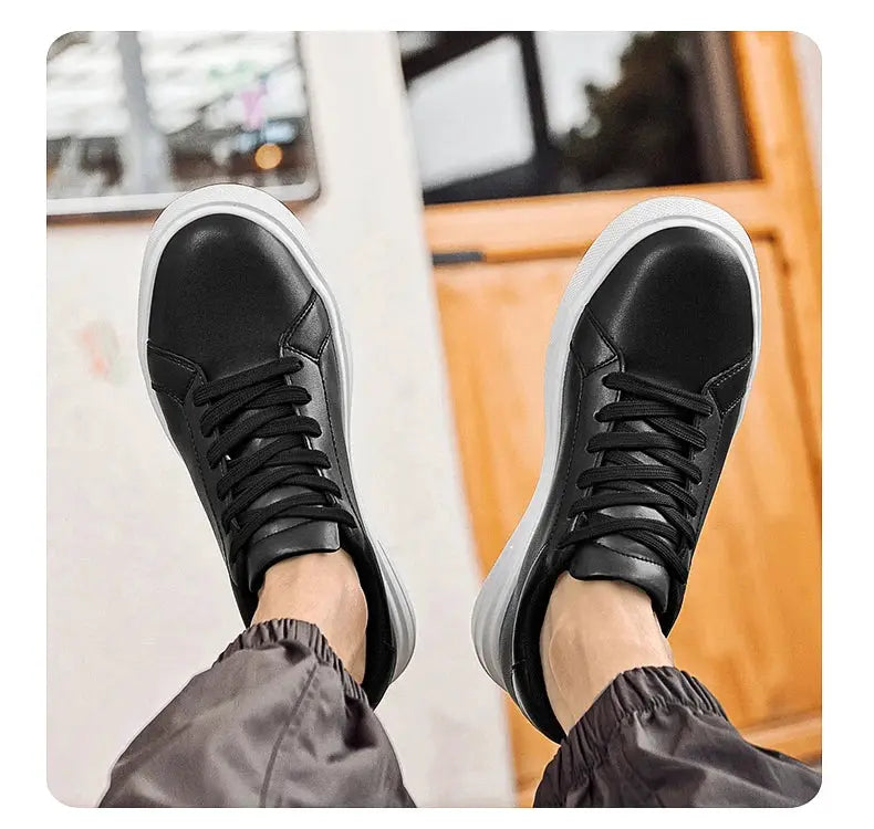 Men's black leather elevator sneakers with thick grey sole and height-increasing insole